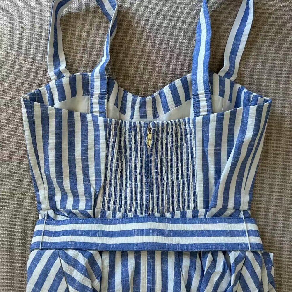 NEW Cara Cara Calypso Midi Dress Sz6 Ivory Blue Striped Seersucker Vacation - Picture 9 of 13